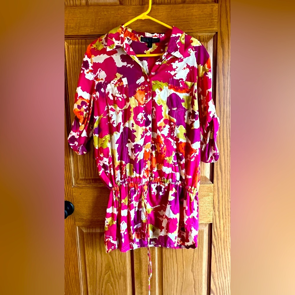 Blouse Pink Purple Multicolor, Nine West XL Draw String Waist Collar